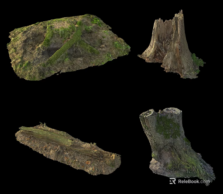 Natural Stone and Wood Decorative Elements with Mossy Surfaces and Tree Stumps 3d model