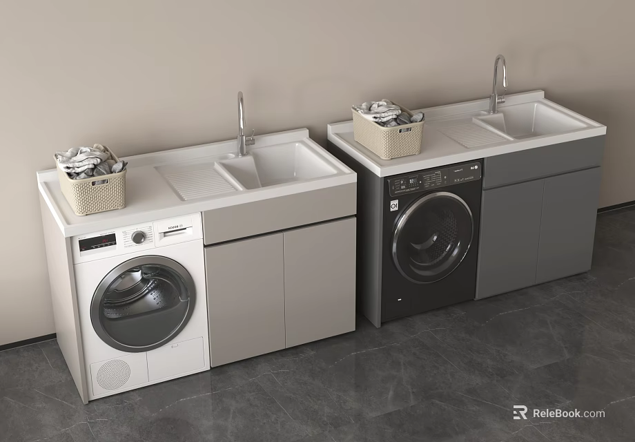 Modern Laundry Room With White And Gray Washing Machines Sink Counter And Cabinets 3d model 