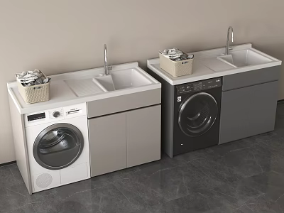 Modern Laundry Room With White And Gray Washing Machines Sink Counter And Cabinets 3d model