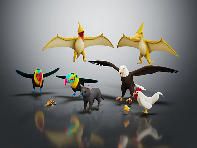 Colorful Stuffed Animal Figures Including Pterodactyls Toucans Eagle Cat Chicken And Insect 3d model