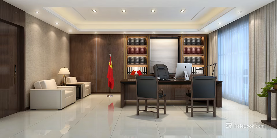 Elegant Office Interior With Wooden Bookshelves National Flag Desk Computer Sofa And Ceiling Lighting 3d model 