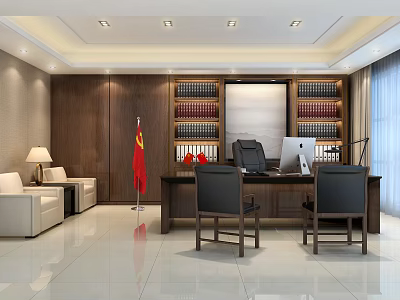 Elegant Office Interior With Wooden Bookshelves National Flag Desk Computer Sofa And Ceiling Lighting 3d model