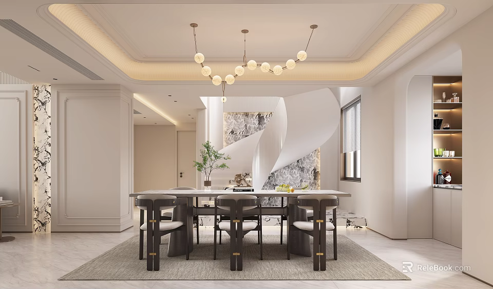 Duplex Living Room Interior Design With Spiral Staircase Marble Dining Table And Globe Chandelier 3d model 