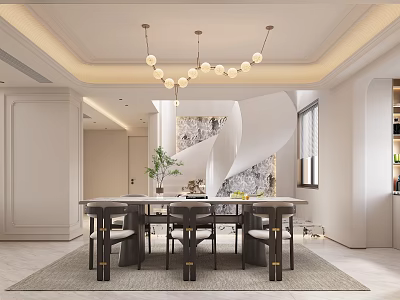 Duplex Living Room Interior Design With Spiral Staircase Marble Dining Table And Globe Chandelier 3d model