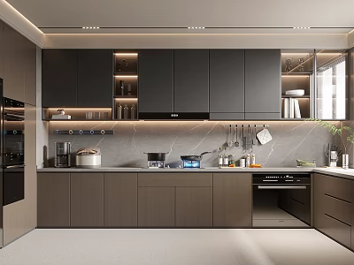 Modern Kitchen Interior With Dark Cabinets Marble Countertop Island Appliances And Lighting 3d model