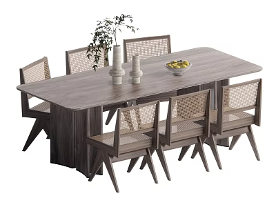 Wooden Dining Table Set with Woven Back Chairs Flower Vase and Fruit Bowl 3d model