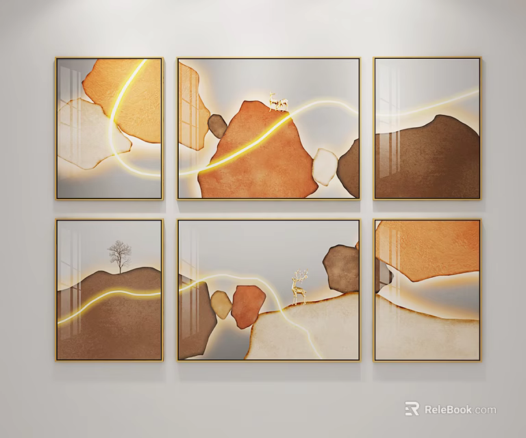 Modern Abstract Wall Art Paintings With Geometric Shapes Warm Tones And Deer Elements 3d model 