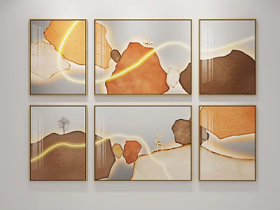 Modern Abstract Wall Art Paintings With Geometric Shapes Warm Tones And Deer Elements 3d model