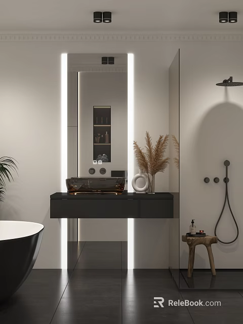 Modern Bathroom Interior Design With Black Vanity Large Mirror And Pampas Grass 3d model 