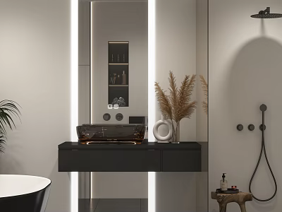 Modern Bathroom Interior Design With Black Vanity Large Mirror And Pampas Grass 3d model