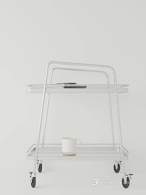 Two Tier White Metal Shelf Featuring Black Small Item And White Cup On White Background 3d model 
