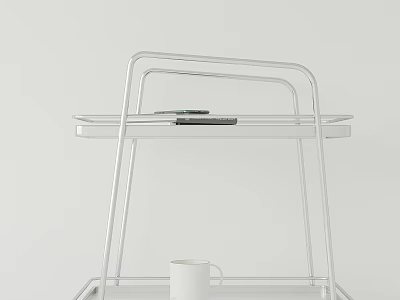 Two Tier White Metal Shelf Featuring Black Small Item And White Cup On White Background 3d model