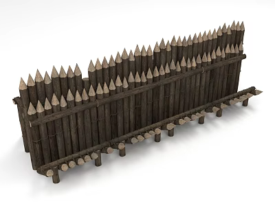 Wooden Palisade Fence Structure with Pointed Tops and Wooden Posts Base Supports 3d model