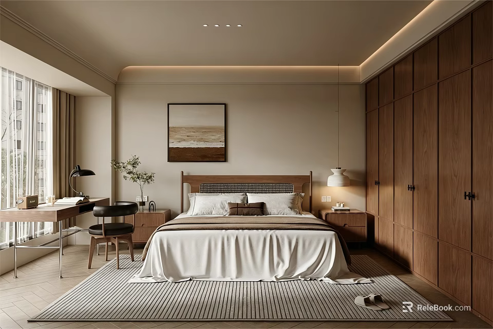 Modern Bedroom Interior With Wooden Wardrobe Bed Striped Rug And Decorative Painting 3d model 
