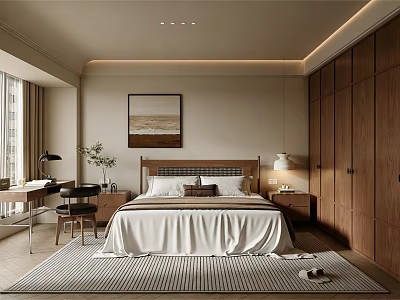 Modern Bedroom Interior With Wooden Wardrobe Bed Striped Rug And Decorative Painting 3d model