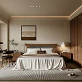 Modern Bedroom Interior With Wooden Wardrobe Bed Striped Rug And Decorative Painting