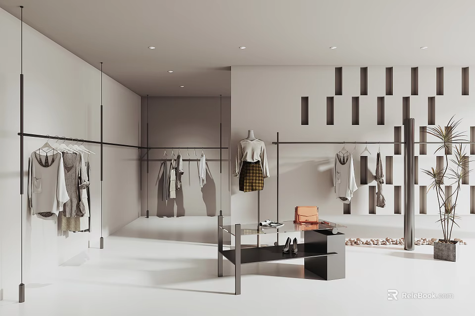 Modern Clothing Store Interior With Hanging Racks Mannequins And Stylish Apparel 3d model 