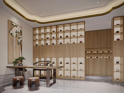 Modern Chinese Teahouse Interior Design With Wooden Display Shelves Tea Sets Table And Stools 3d model
