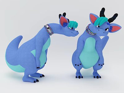 Blue And Teal Plush Dolls With Horns Ears And Decorative Collars 3d model