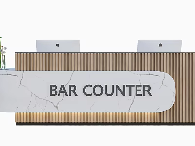 Elegant Modern Reception Desk Design With Marble Top Wooden Slats Laptops And Flowers 3d model