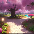 Scenic Pink Cherry Blossom Garden With Winding Stone Path Lamp Post And Stream