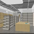 Supermarket Department Store Interior With Metal Shelves And Wooden Display Cabinets