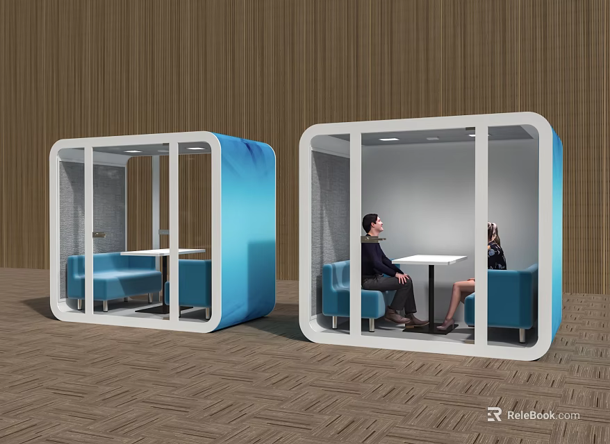 Comfortable Public Chairs in Glass Cubicles with Blue Sofas and Chatting People 3d model 