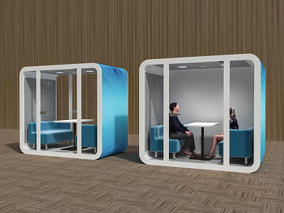 Comfortable Public Chairs in Glass Cubicles with Blue Sofas and Chatting People 3d model