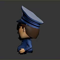 Cartoon Police Game Movie Character With Blue Uniform Hat Badge Sunglasses Mustache Waving Hand