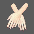 Crossed Hands With Well Manicured Nails And Dark Red Polish On Gray Background