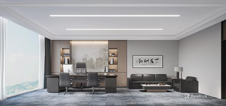 Modern Office Interior With Desk Chairs Sofa Coffee Table Bookshelves Wall Painting And Carpet 3d model 