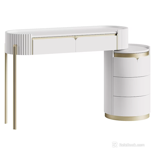 Modern White Dressing Table With Gold Accents And Round Side Cabinet Drawers 3d model 