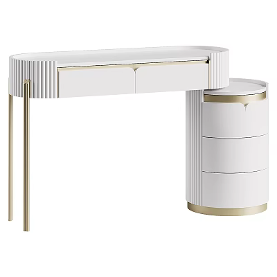 Modern White Dressing Table With Gold Accents And Round Side Cabinet Drawers 3d model