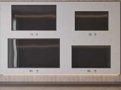 Different Sizes of Televisions on Display with 75 55 85 and 65 Inch Screens 3d model