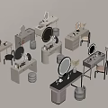 Elegant Modern Dressing Tables With Round Mirrors Stools And Storage 3d model