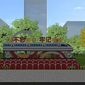 Park Landscape With Green Trees Lawn Decorative Structure And People Taking