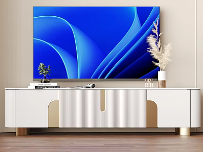 Modern Elegant White TV Stand with Gold Accents Large Screen TV and Decorative Plants 3d model