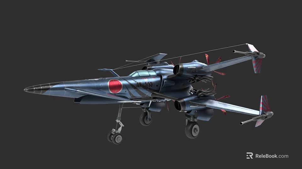 Dark Blue Fighter Jet With Red Circular Emblem Twin Engines Landing Gear Deployed 3d model 