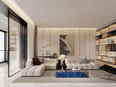 Modern Living Room With Sectional Sofa And Blue Coffee Table 3d model