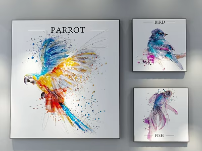 Colorful Watercolor Animal Paintings Featuring Parrot Bird Fish Wall Art Decor 3d model