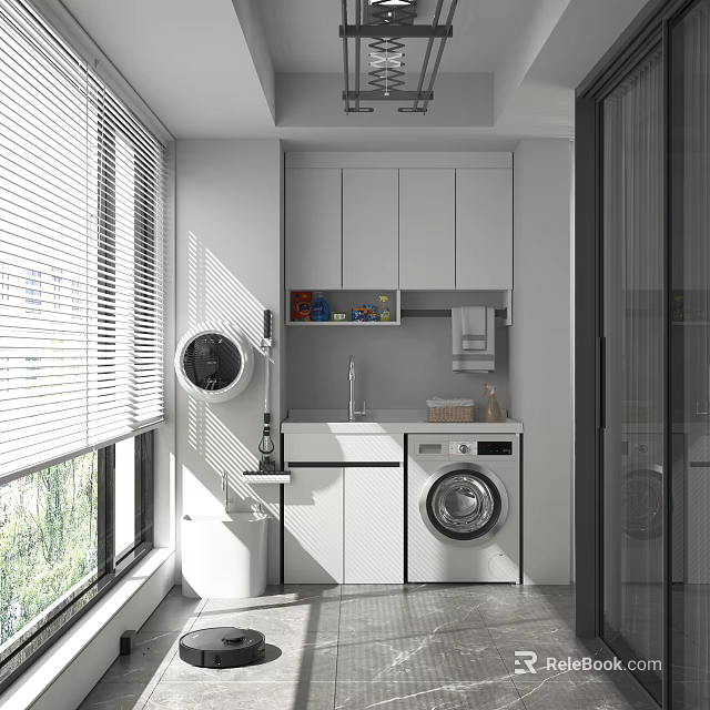 Modern Home Balcony Interior With White Cabinets Washing Machine Sink And Blinds 3d model 