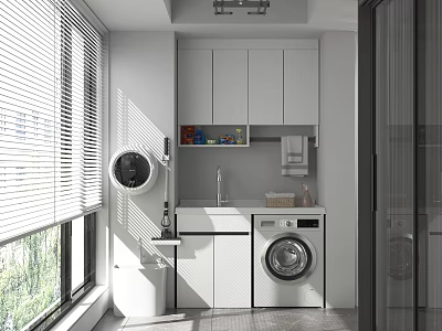 Modern Home Balcony Interior With White Cabinets Washing Machine Sink And Blinds 3d model