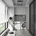 Modern Home Balcony Interior With White Cabinets Washing Machine Sink And Blinds