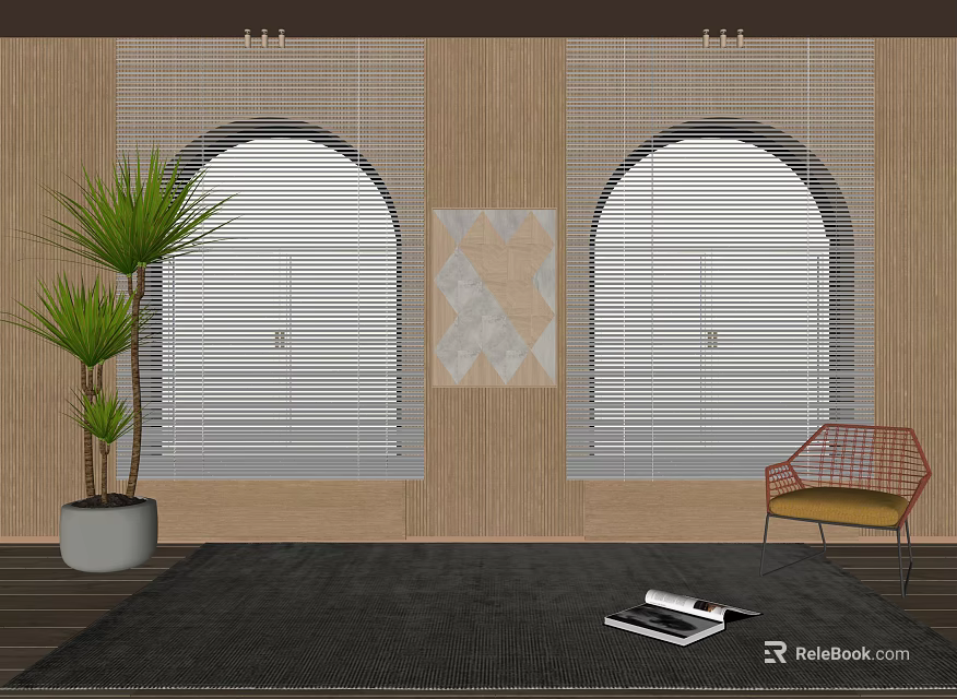 White Window Blinds Covering Arched Windows with Wooden Walls Decorative Art and Green Plant Chair 3d model 