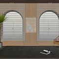 White Window Blinds Covering Arched Windows with Wooden Walls Decorative Art and Green Plant Chair