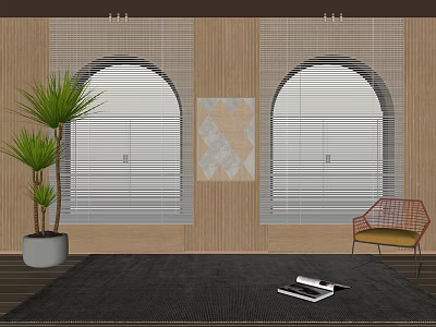 White Window Blinds Covering Arched Windows with Wooden Walls Decorative Art and Green Plant Chair 3d model