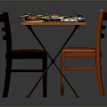Delicious Assorted Foods On Wooden Dining Table With Plates Fresh Fruits Drinks And Chairs