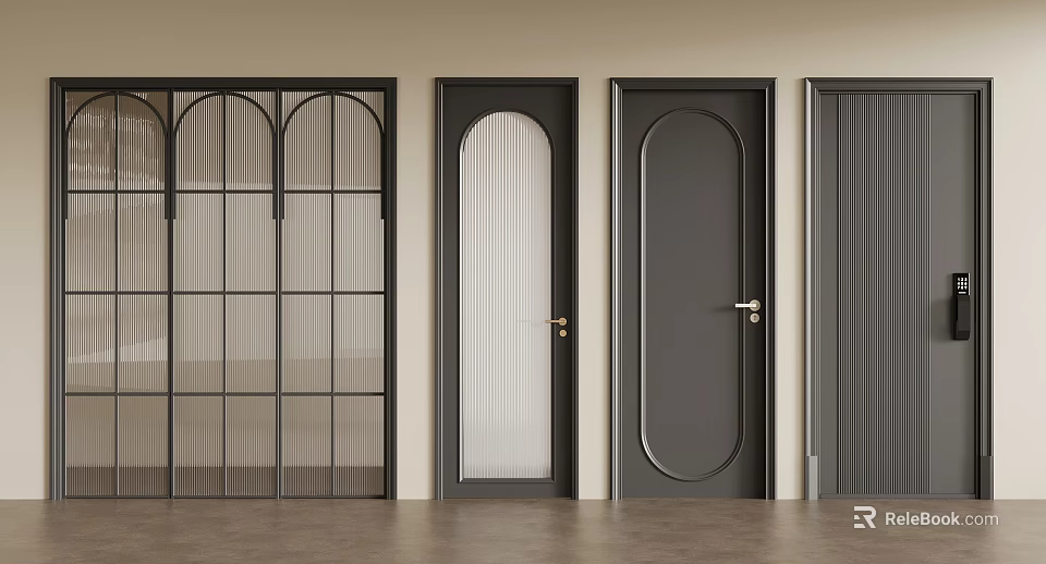 Contemporary Interior Hinged Doors With Glass Grid Ribbed Glass Arched Top And Grooved Panels 3d model 