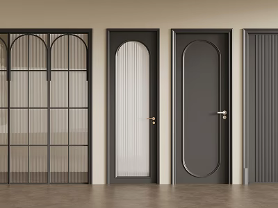 Contemporary Interior Hinged Doors With Glass Grid Ribbed Glass Arched Top And Grooved Panels 3d model