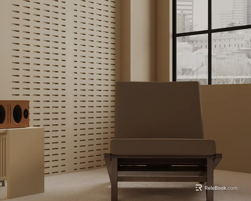 Comfortable Leisure Chair In Room With Perforated Wall City View Window And Speaker On Table 3d model 